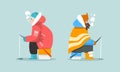 Man in Warm Winter Clothing Ice Fishing on Frozen River or Lake Vector Set Royalty Free Stock Photo