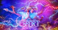 Man warrior in fighting action of multi hands with esports symbol on neon light background