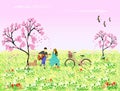The man was playing the guitar for woman to listen under the pink flower tree. There are dogs and bicycles beside