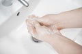 Man wash his hands deeply under a faucet with running water. Hand washing is very important to avoid the risk of contagion from Royalty Free Stock Photo