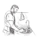 Man washes dishes. Hand drawn sketch