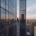 a man washes the glass of a tall building with floor-to-ceiling windows Royalty Free Stock Photo