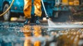 Man washes his car using pressure washer Royalty Free Stock Photo