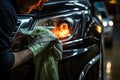 Man washing car headlight with rag closeup. Generate Ai