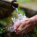 Man washing hands in fresh, cold water of mountain spri Royalty Free Stock Photo