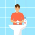 A man washing his hands in the sink concept vector illustration. Washing hands under faucet with soap and water. Virus and bacteri