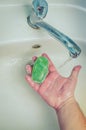 Man washing his Hands to prevent virus infection and clean dirty hands. /Man washes hands with soap Royalty Free Stock Photo