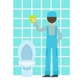 Man Washing Tiles In Bathroom, Cleaning Service Professional Cleaner In Uniform Cleaning In The Household