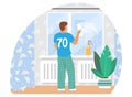 Man washing window in living room, vector illustration. Housework, household chores, housekeeping, house cleaning.