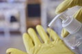 Man washing window in protective gloves closeup. Cleaning of apartments concept.