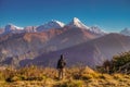 Man Watch Sunrise at Poon Hill of Annapurna Mountain Range in Nepal. Active Male Tourism. Trekking in the Himalayas
