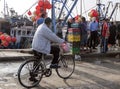 A man watches as fisherman pack fish in ice in the port of Essaouira in Morocco.