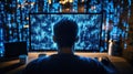 Man watches code matrix on computer screen. Concept of data hacking, cybersecurity. Programmer or software developer working at Royalty Free Stock Photo