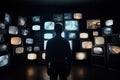 Man watches a lot of televisions in dark room, created with Generative AI technology