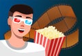 A man watches a movie with glasses for 3D films and says something, cinema time vector illustration