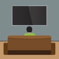 Man watches TV on sofa. Back view. Flat and solid color design Vector.