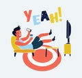 Man watches TV on sofa with coffee cup vector illustration. Watching TV and drink coffee, relax at home on couch