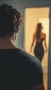 Man watching woman entering room, couple relationship issues and infidelity, relationship problems and breaking up concept