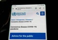 Man watching the Coronavirus related news on World Health Organization`s website on a smartphone. Royalty Free Stock Photo