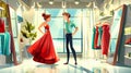 Man watching a girl trying a red dress in a dressing room in a fashion store. Modern illustration of a boutique dressing