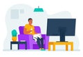 Man watching tv. Cartoon guy sitting on sofa at home and watching movie or documentary on streaming service. Vector man