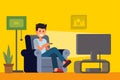 Man watching TV on sofa in home interior.