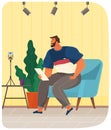 Man watching video, podcast, broadcast on smartphone screen. Virtual communication via Internet