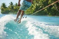 A man is water skiing at a resort. Only the legs and rope are visible. Copy space Royalty Free Stock Photo