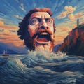 Eccentric 8-bit Digital Illustration Of A Shouting Man In The Ocean