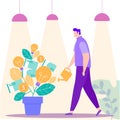 Man with Watering Can Hand near Money Tree. Vector