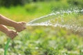 Man watering the garden from hose Royalty Free Stock Photo