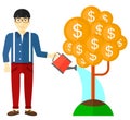 Man watering money tree. Royalty Free Stock Photo