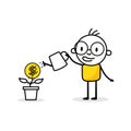 Man is watering a money tree with a watering can. Boy gardener grows plant. Green economy and funding concept. Vector Royalty Free Stock Photo