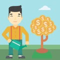 Man watering money tree vector illustration. Royalty Free Stock Photo