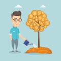 Man watering money tree vector illustration. Royalty Free Stock Photo