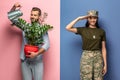 Man watering plant while woman in military uniform saluting Royalty Free Stock Photo