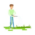 Man Watering Plants With Hose , Contributing Into Environment Preservation By Using Eco-Friendly Ways Illustration