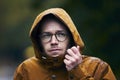 Man in waterproof jacket during rain