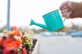 A man waters flowers from a bright watering pot Royalty Free Stock Photo