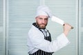 Man wear apron cooking in kitchen. Man use sharp cleaver knife. Types of knives. Sharp knife professional tool. Chef Royalty Free Stock Photo