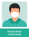 Wear Face Mask Warning Sign Man Vector illustration Royalty Free Stock Photo