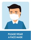 Wear Face Mask Warning Sign Man Vector illustration Royalty Free Stock Photo