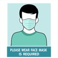 Man wear face mask . Vector Wear Face Mask sign. Warning sign recommend wear of protective face mask is required in prevention , Royalty Free Stock Photo