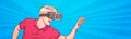 Man Wear Goggles 3d Glasses Virtual Reality Gesturing Pop Art Style Background Horizontal Banner