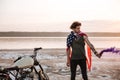 Man wearing american cape holding smoke bomb Royalty Free Stock Photo