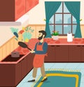 Smiling Male Frying Vegetables in Kitchen Vector