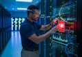 Man in Server Room Using Augmented Reality to Interact with Data {Ai generated Royalty Free Stock Photo