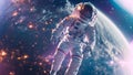 A man wearing an astronaut suit floating in the vast emptiness of space, An astronaut in a silvery space suit suspended in zero