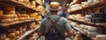 Man Walking Through Cheese Store With Backpack Royalty Free Stock Photo