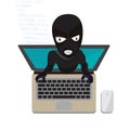 Man wearing balaclava and hacker number on keyboard while using laptop at desk Royalty Free Stock Photo